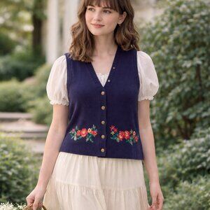 Vintage 90s Koret Floral Wool Sweater Vest Navy Blue M Cottagecore Grannycore